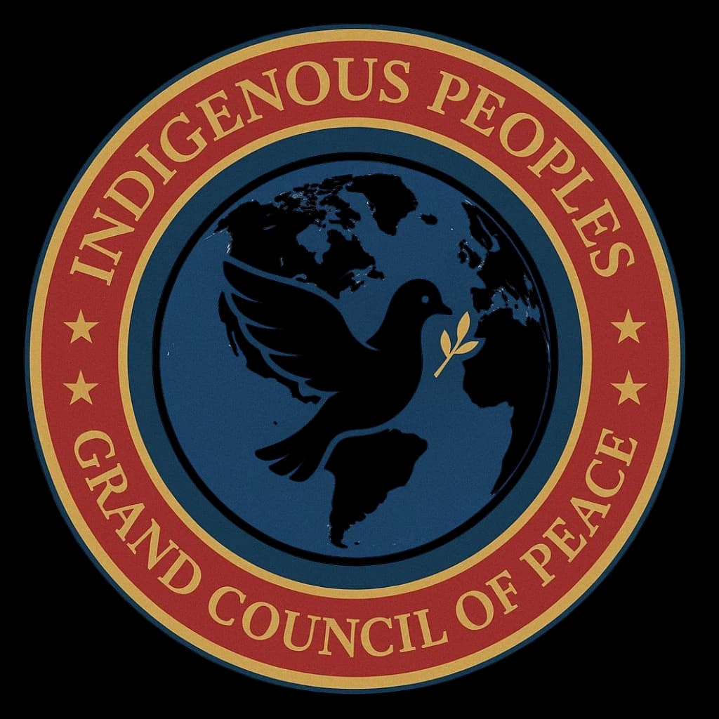 Seal of the Indigenous Peoples Grand Council of Peace: a dove carrying an olive branch over the Americas, inside a red and gold ring